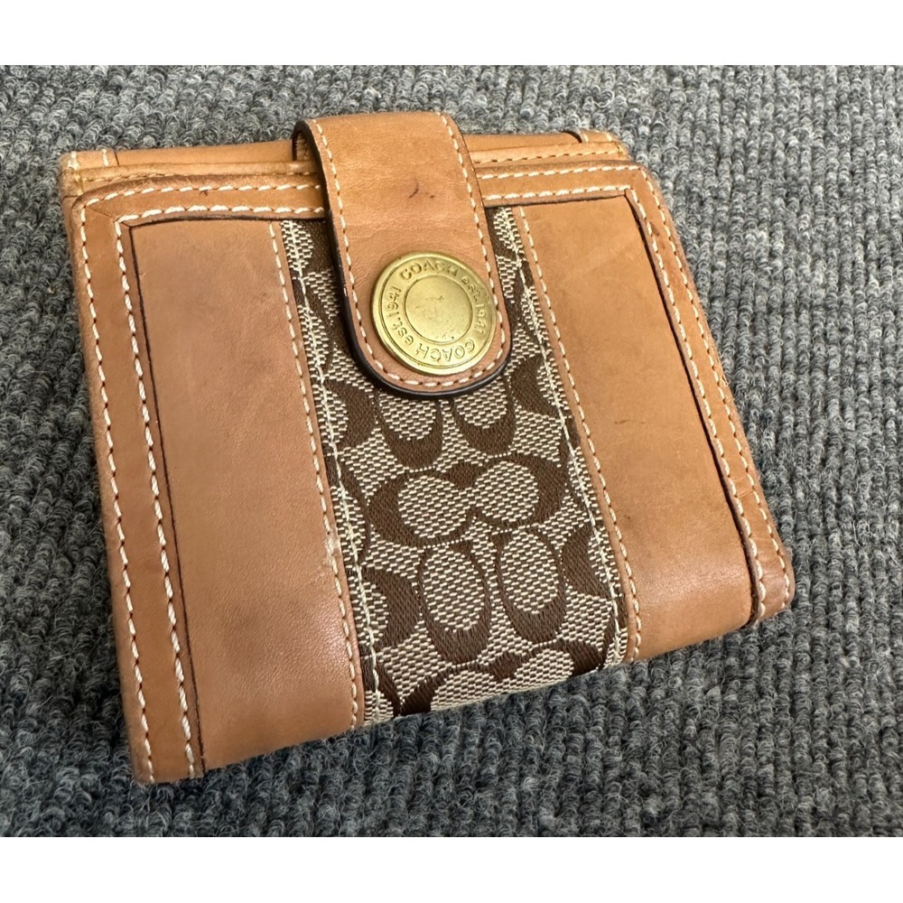 Vintage Y2K Coach Signature C Jacquard Leather Bifold Wallet Tan Brown Classic